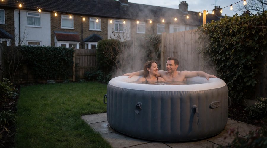 Couple relaxing in a 2 person hot tub on a small garden patio at dusk