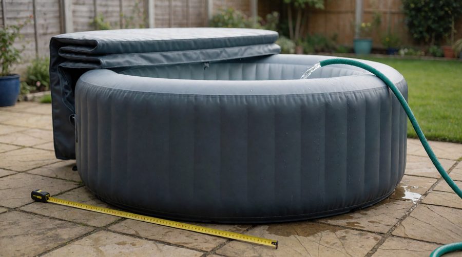 Empty inflatable hot tub being filled with a hose on a level patio, tape measure beside it