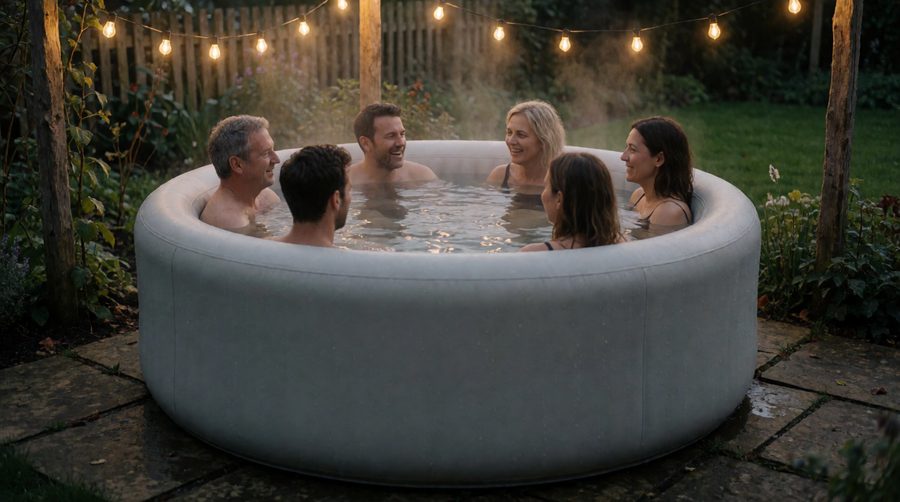 Six adults relaxing in a 6 person inflatable hot tub on a garden patio at dusk
