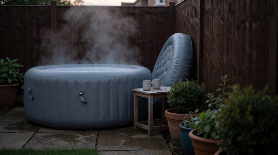 Best inflatable hot tub steaming on a garden patio at dusk with its lid beside it