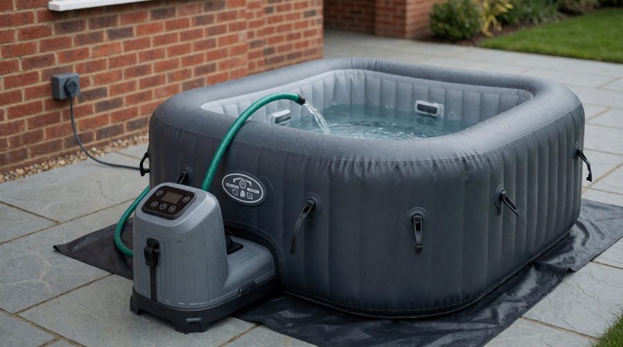 Inflatable hot tub being filled with a garden hose on a level patio with a ground mat