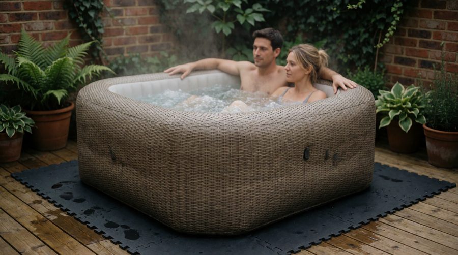 Couple in a rattan-effect inflatable hot tub under £500 on a foam floor mat on garden decking