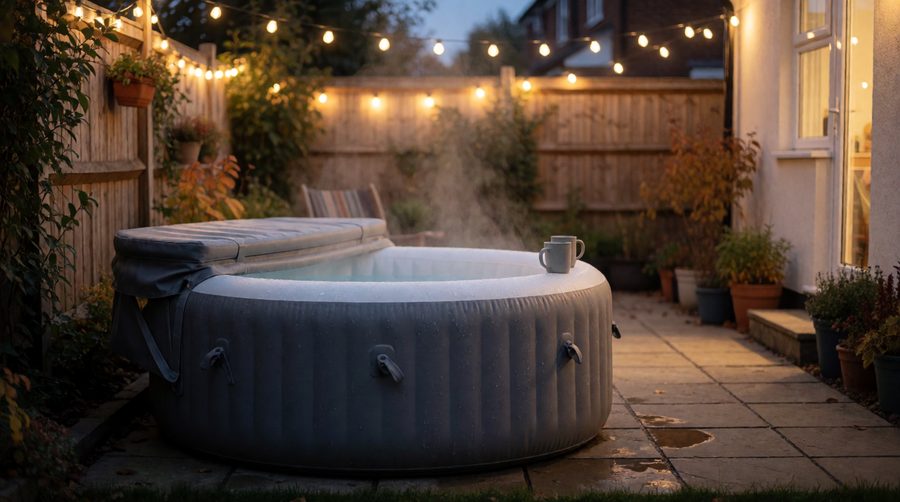 Hot tubs under £500: a grey round inflatable spa with its cover folded back on a garden patio at dusk