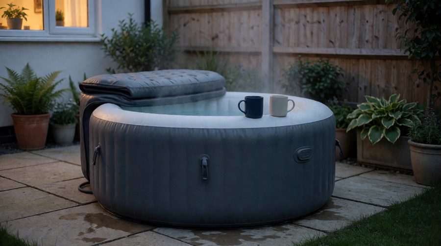 Hot tubs under £300: a cheap inflatable hot tub with its cover off on a small patio at dusk