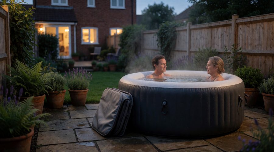 Round hot tub on a garden patio at dusk with two people relaxing