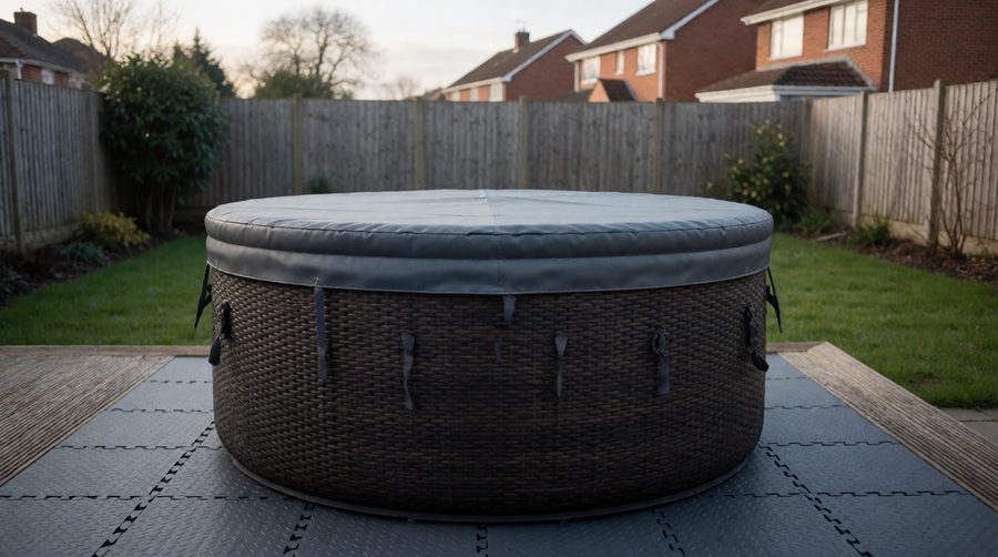 Covered round inflatable hot tub with rattan-effect wall on floor tiles on a deck