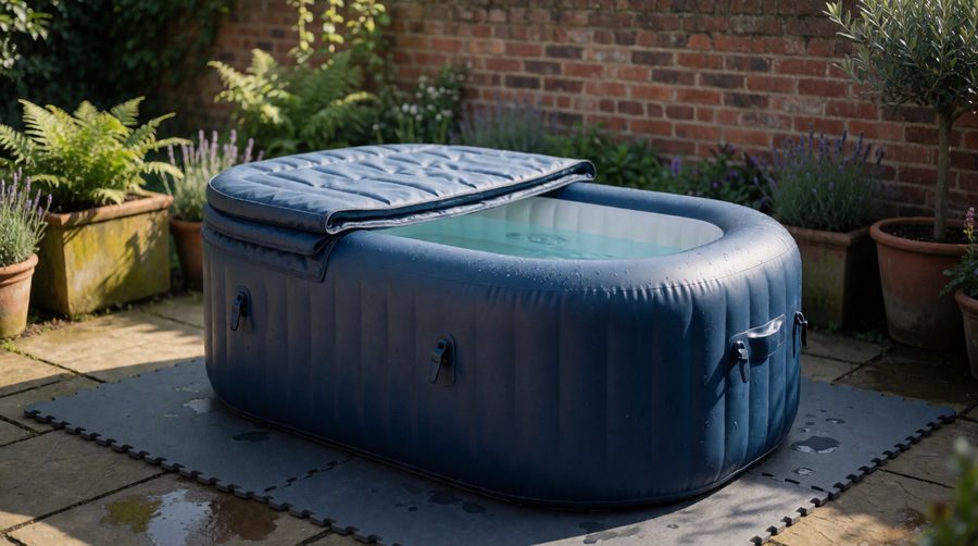 Small oval inflatable hot tub with insulated cover on a courtyard patio