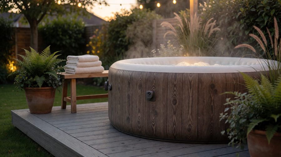 Wood effect hot tub on garden decking at dusk