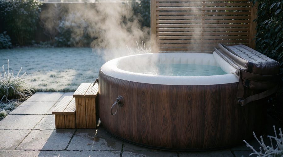 Timber-look inflatable hot tub with wooden step on a frosty patio